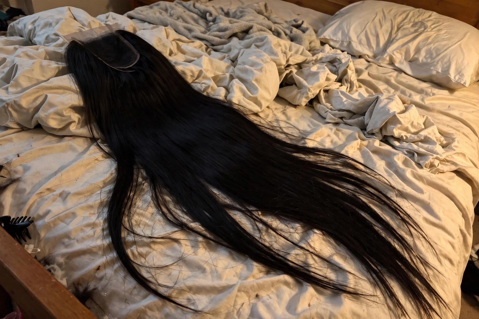 Raw phone photo of a bone straight wig lying on a bed in messy home lighting
