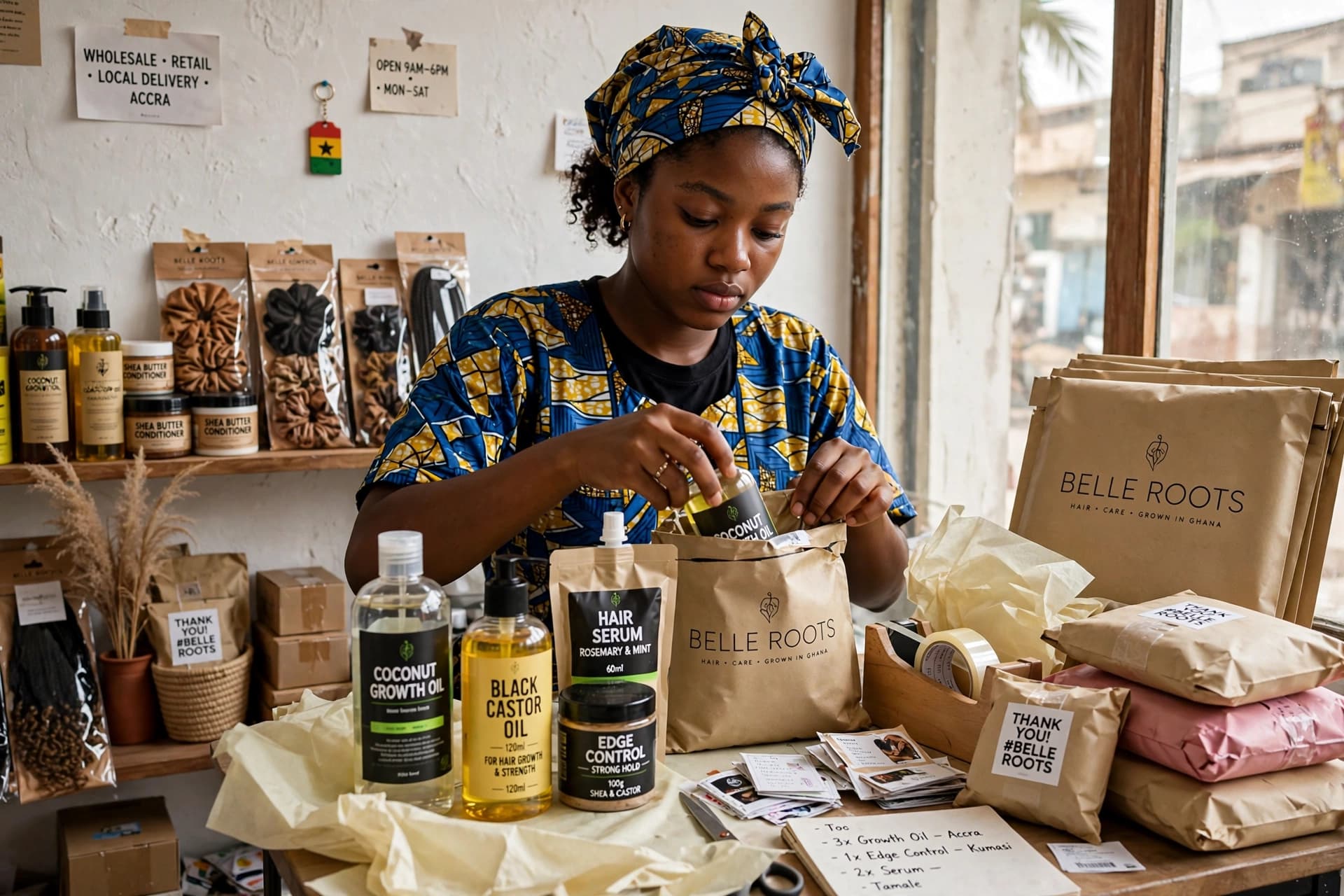 Ghanaian vendor packing orders for delivery