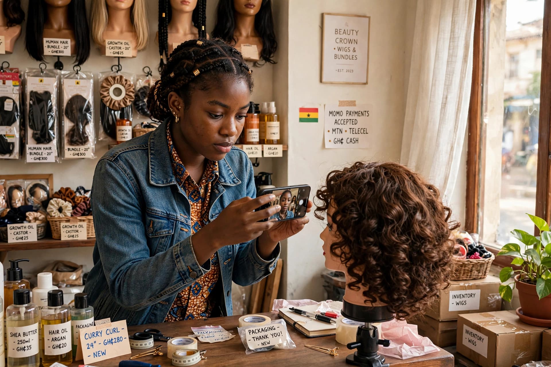 Vendor photographing a product with her phone