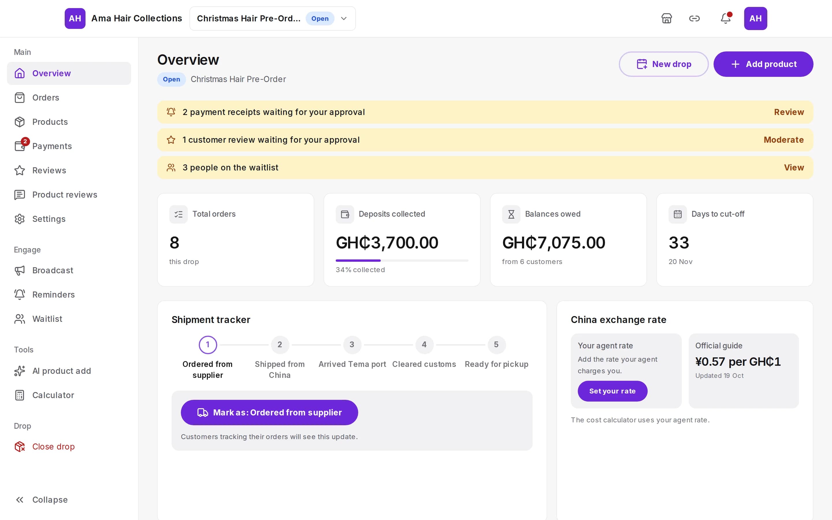 SourcingHubs vendor dashboard with orders and deposits tracked
