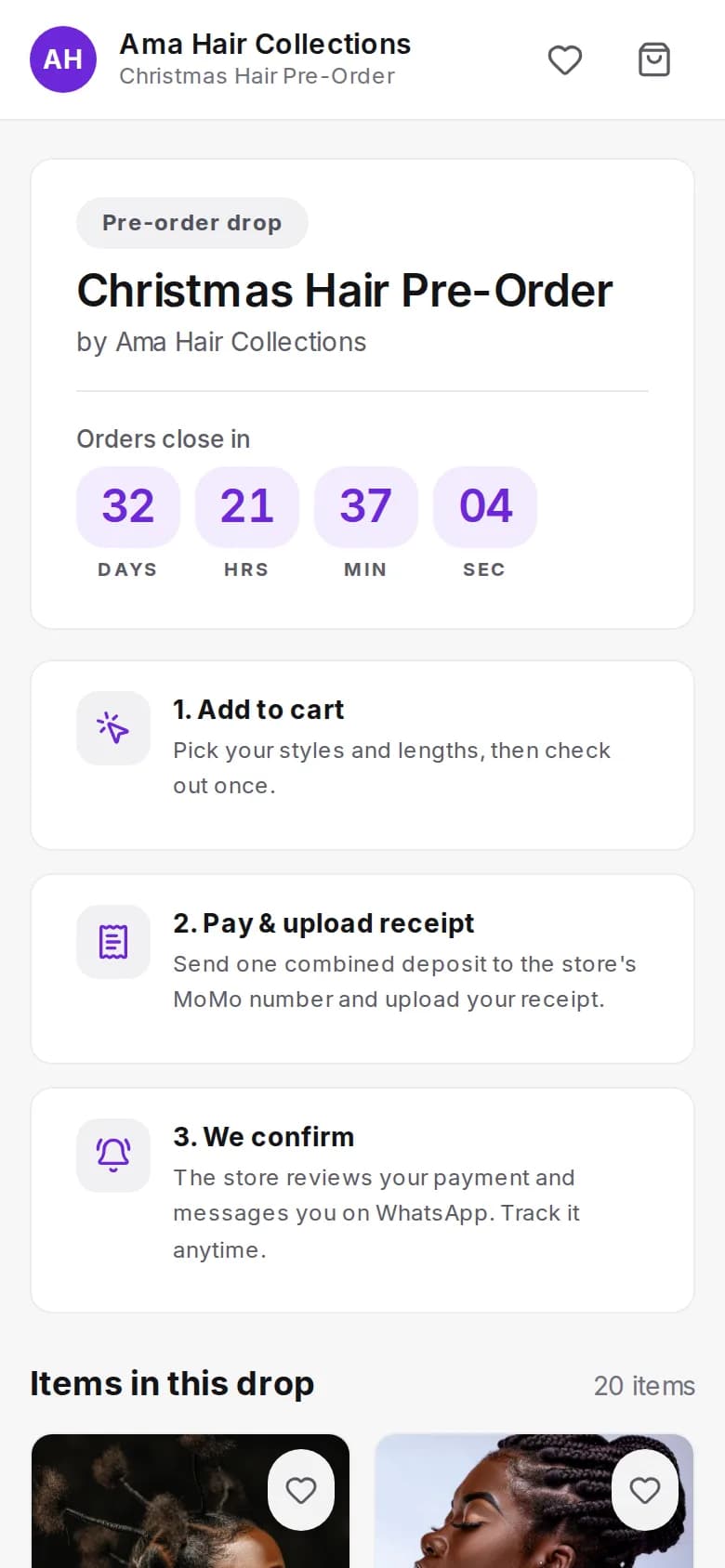 Demo pre-order drop page with live countdown on a phone